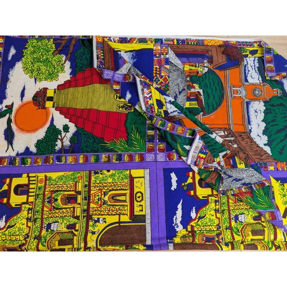 Vintage Guatemalan Fabric Tablecloth San Andres Xecul Church Folk Art 60x96